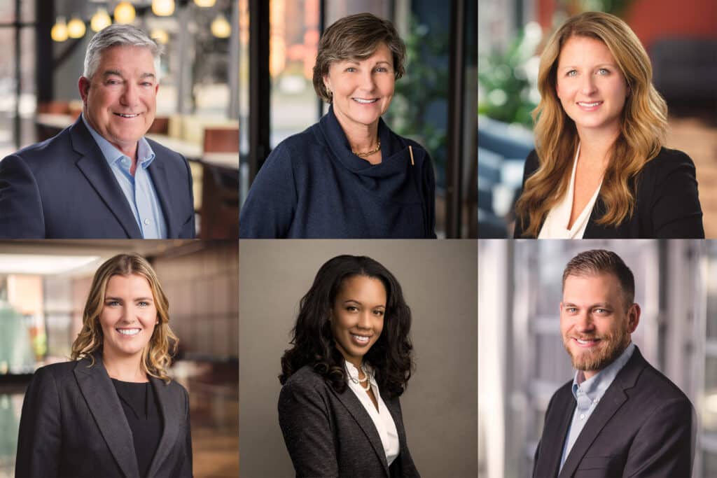 Six professional headshot portraits of two men and four women, in studio settings and office environments. Dressed well in medium to dark tones and solid colors with simple jewelry and styling.